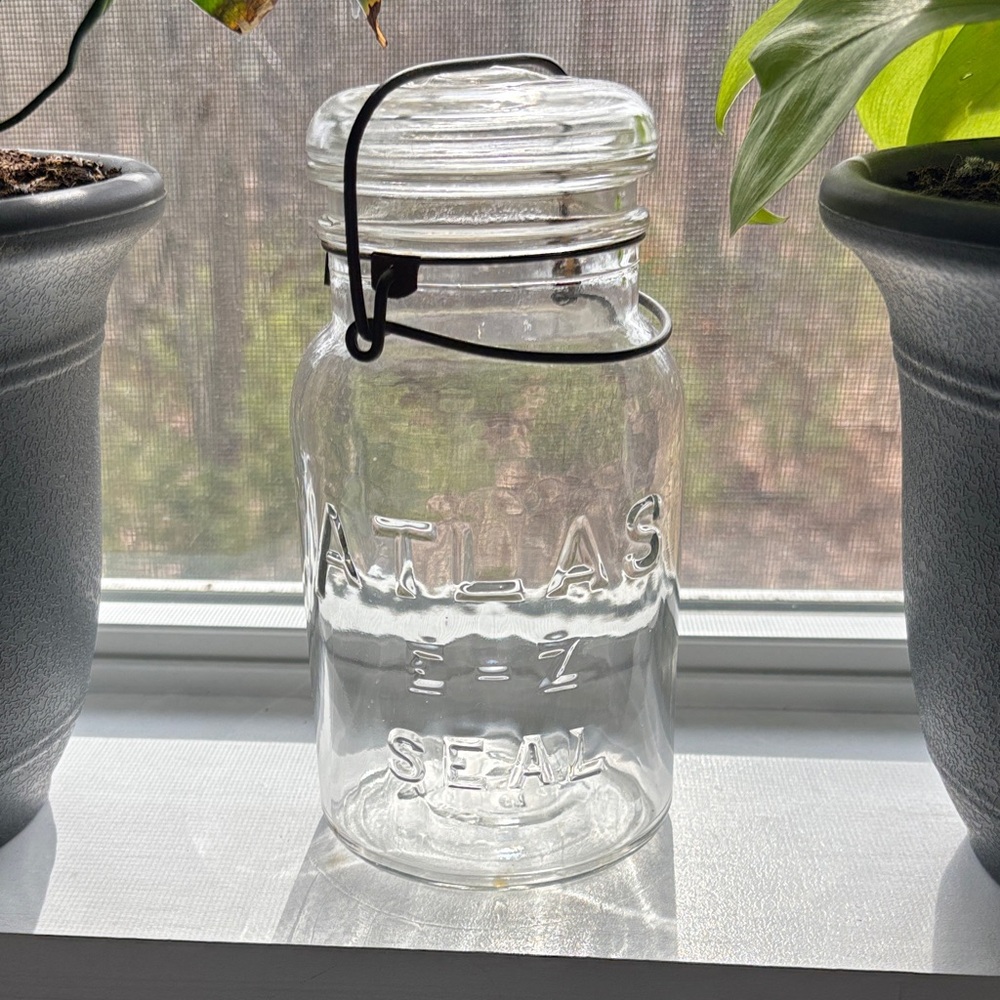 Vintage🔸Atlas E-Z Seal Clear Glass Mason Jar Wire Slide open Lid